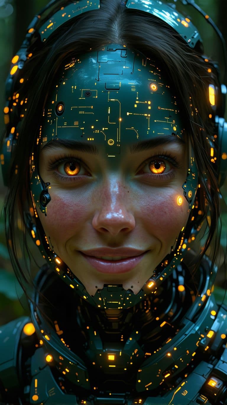 AI generated: A hyperrealistic white woman walks toward us, facing the camera, along a very realistic forest trail...