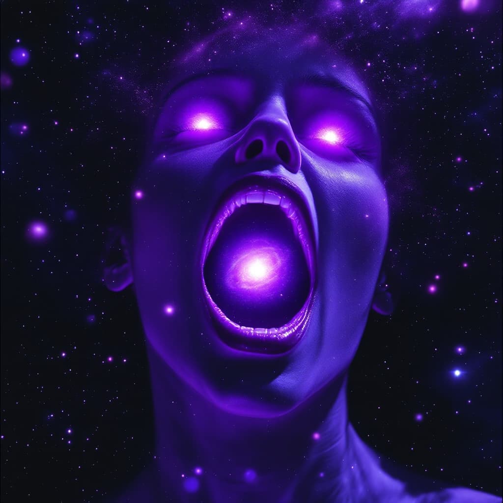 AI generated: enormous giantess sigourney weaver bigger than a galaxy floating in space, minuscule galaxy in front...