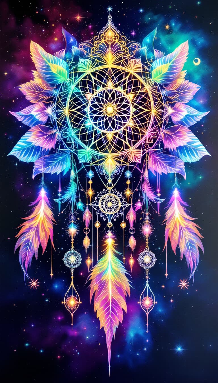 AI generated: Mandala Dreamcatcher silkscreen wall tapestry,((("Peace & Love"))) pearlescent holograph elemental  ...