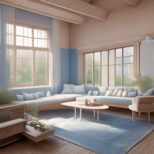 AI generated: High resolution photography interior design, dreamy sunken living room conversation pit, wooden floo...