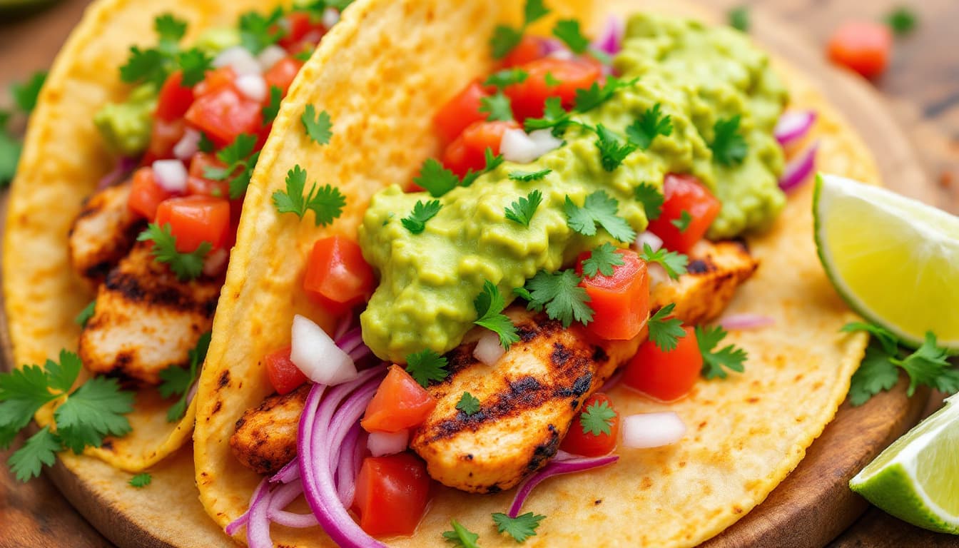 AI generated: A colorful taco with grilled chicken, fresh salsa, guacamole, and lime wedges, vibrant and lively.