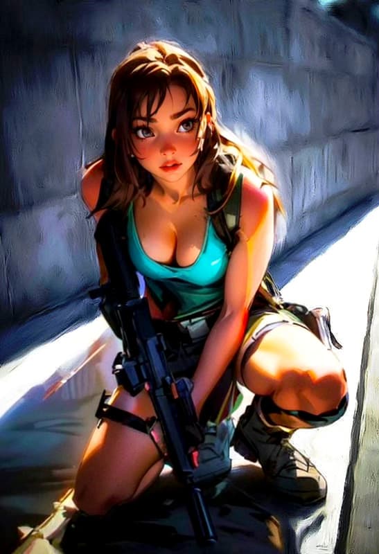 AI generated: Photo of a female as Lara Croft, holding M4 carbine, ducking position, outdoor, sunny day, natural l...