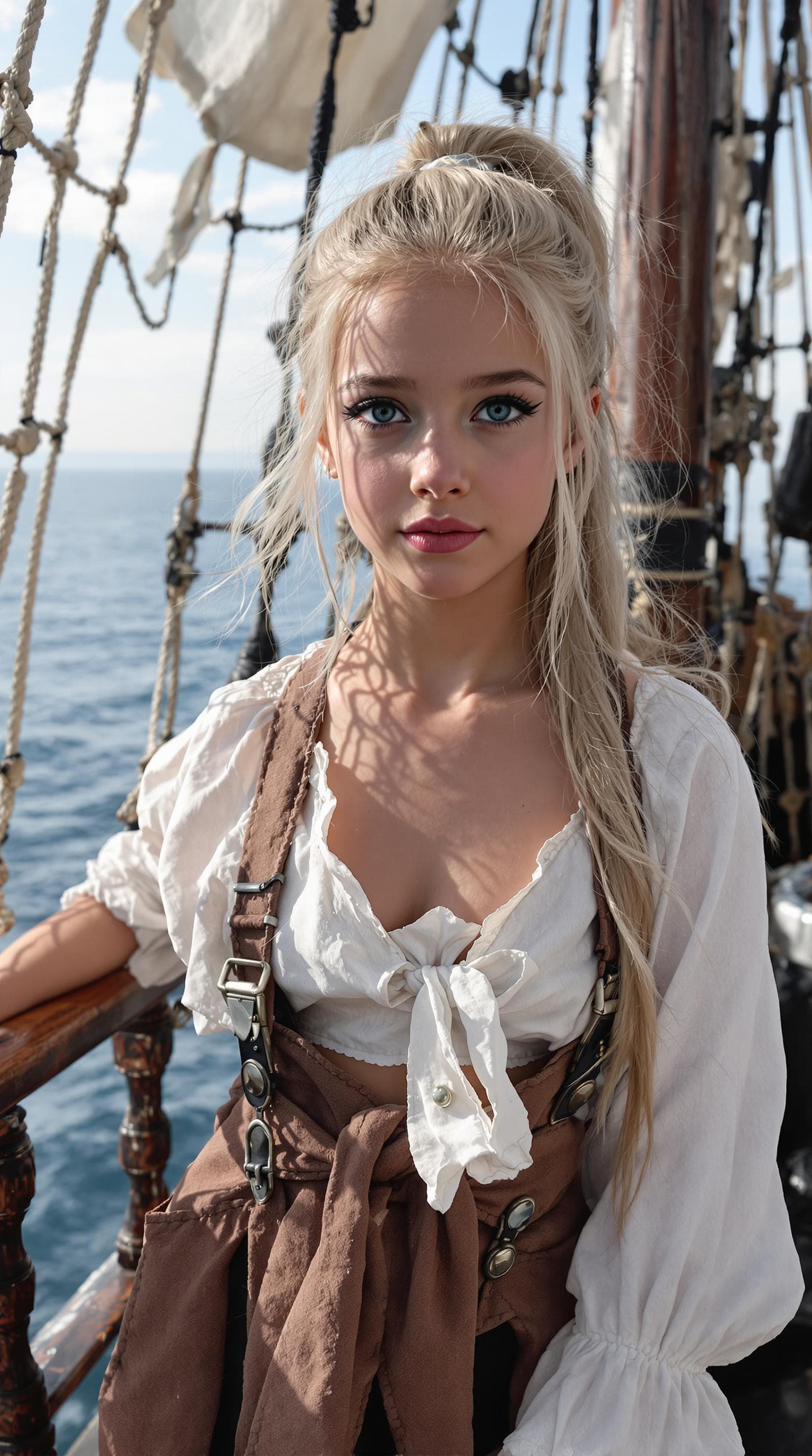 AI generated: a professional photo of a exceptionally beautiful girl aboard pirate ship at sea (age 11), (eleven y...