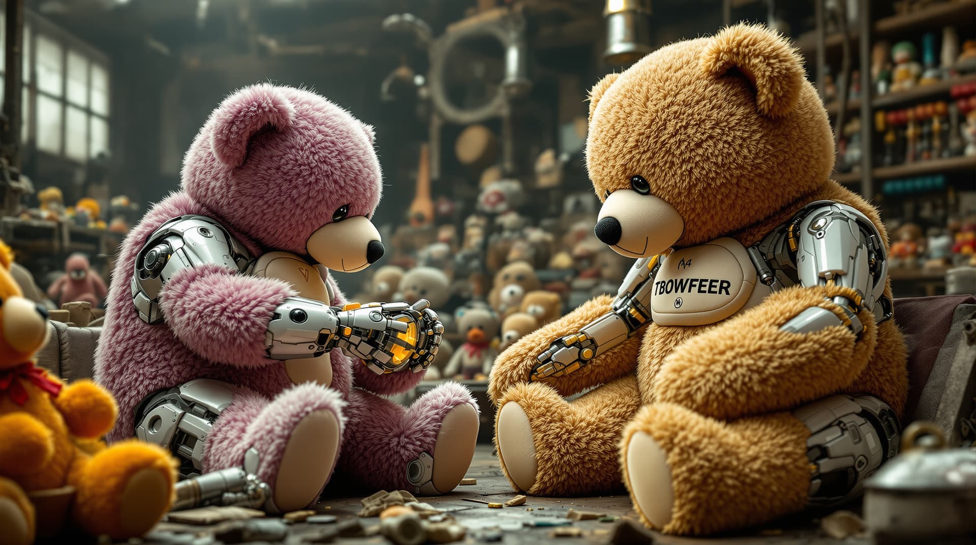 AI generated: in a close up view, futuristic robots playing with teddy bears in  an old toy factory ,the bears are...