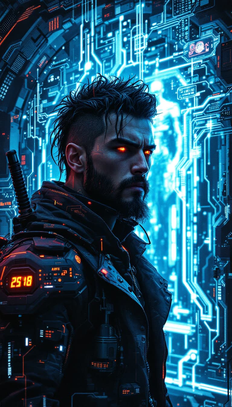 AI generated:  Portrait of a futuristic cyberpunk rebel leader, centered, adorned with revolutionary tech, in a hi...