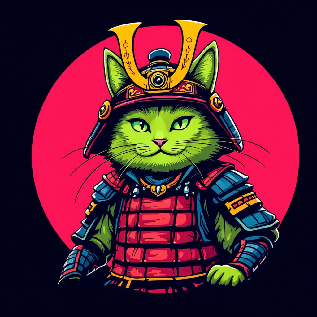 AI generated: a chartreuse cat in an samurai armor which has a persion motive




