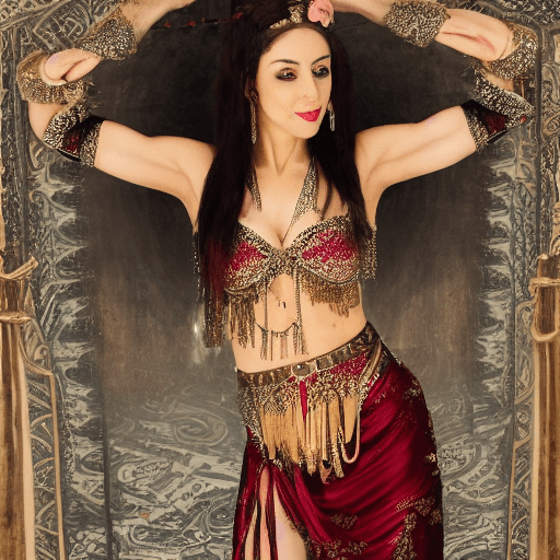 AI generated: A fantasy scene of a beautiful 25 year old lithe female belly dancer with long dark locks, her arms ...