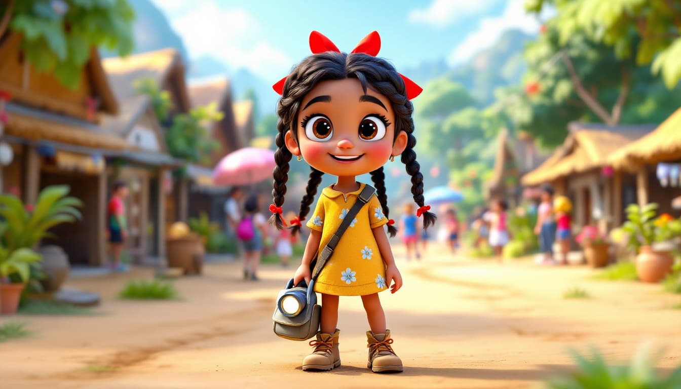 AI generated: "A brave and curious 3D cartoon girl, around 10 years old, standing confidently in the village squar...