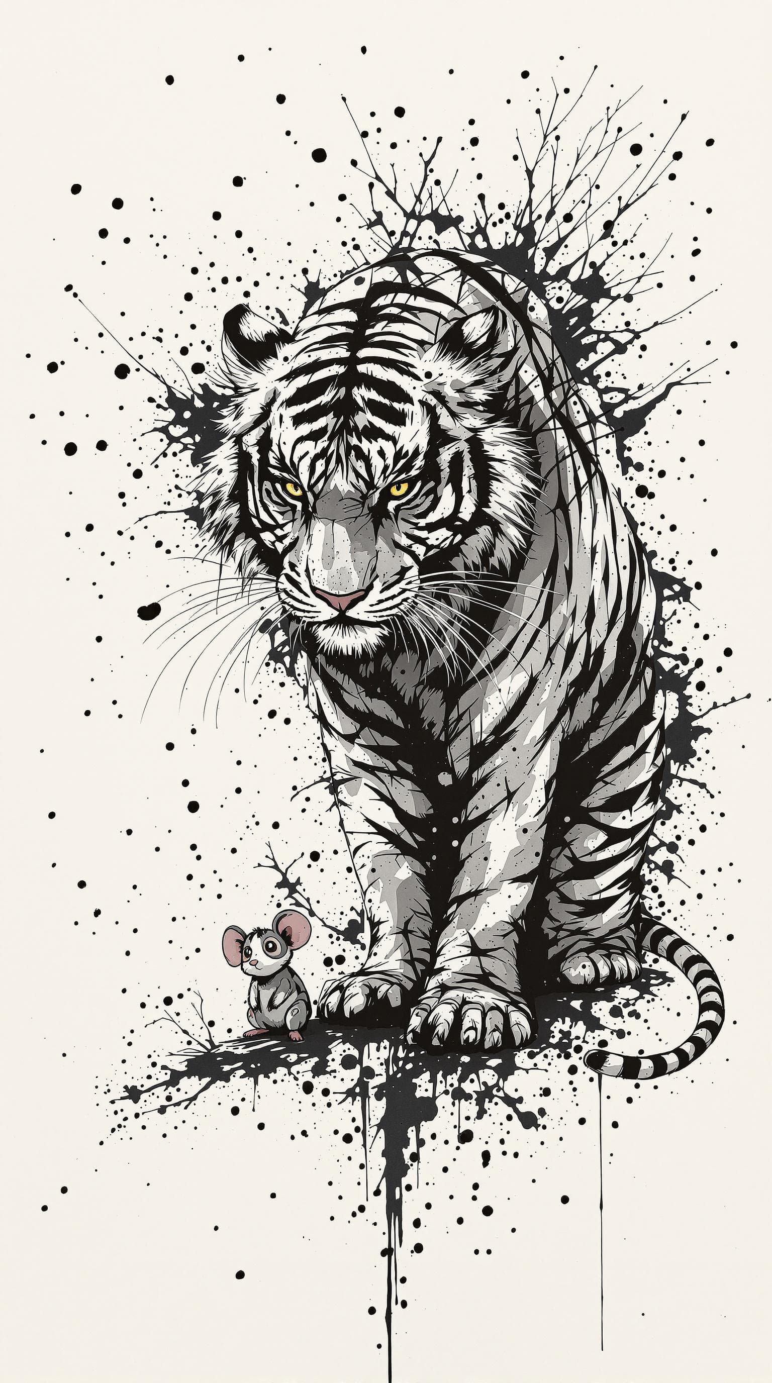 AI generated: a smallsized tiger standing around a  oversized mouse ,detailed,ink style,Ink splash art on the back...