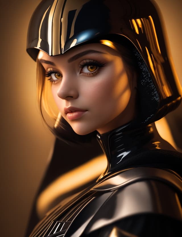 AI generated: A mysterious Darth Vader pin-up girl, illuminated by a gentle, golden light, captured with a Hasselb...
