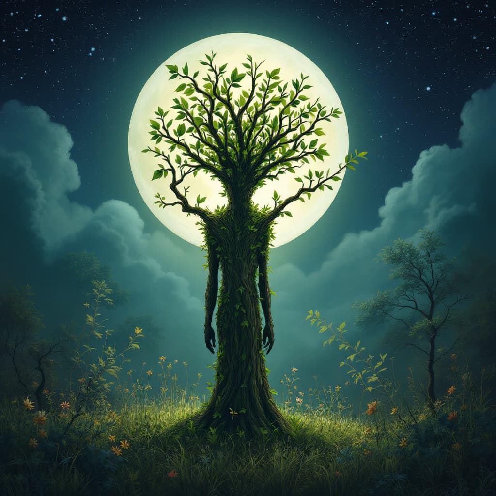 AI generated: 14.	a humanoid tree being, bark skin, leafy hair, standing solemnly in a moonlit glade --v 7 --style...
