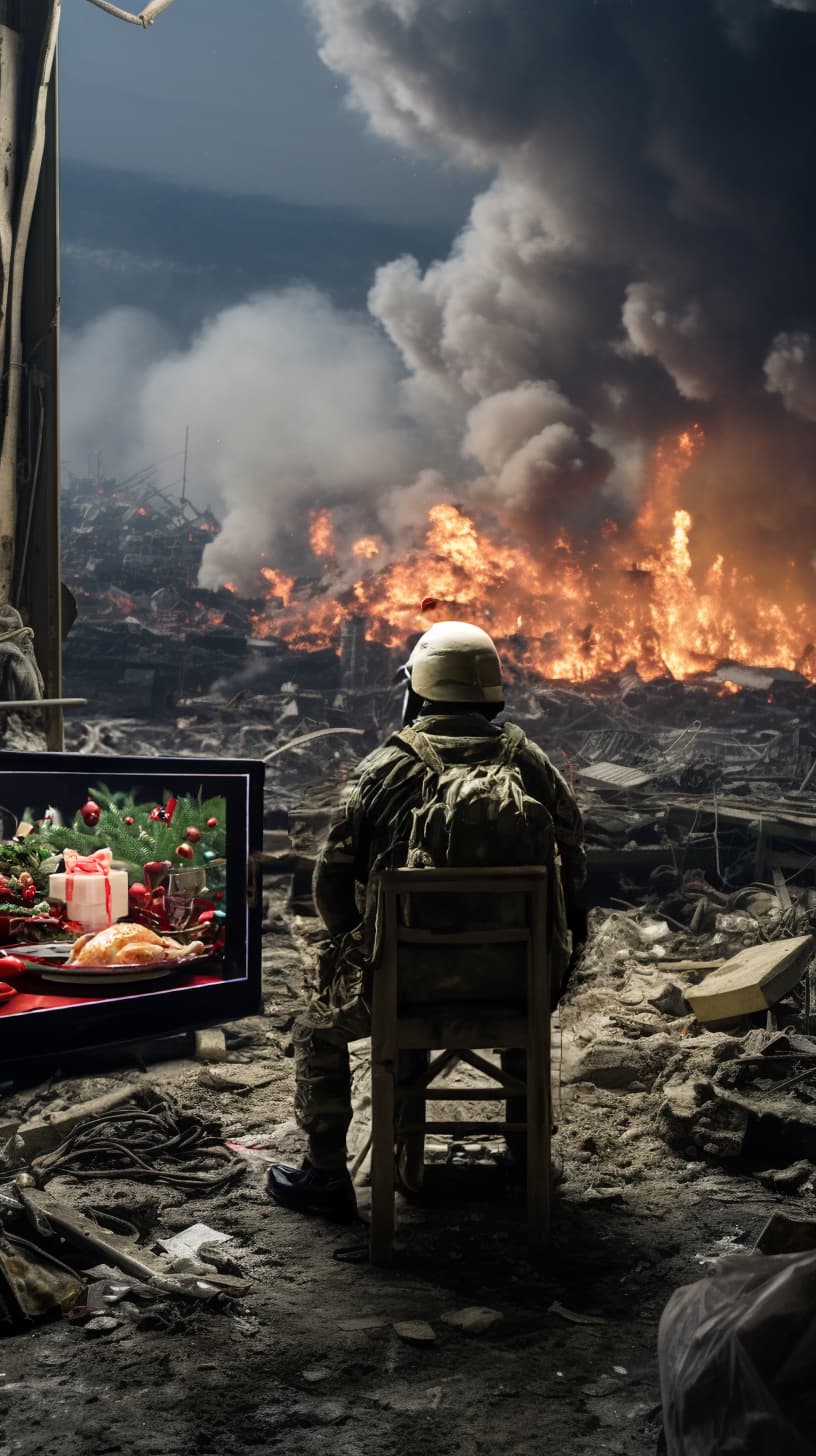 AI generated: Christmas in Ukraine, soldier is sitting in front of TV, explosions 