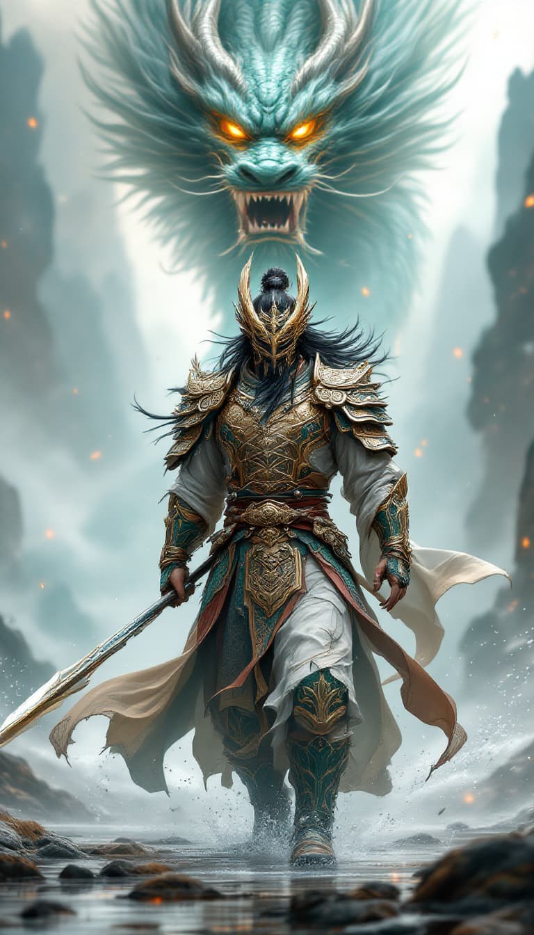 AI generated: An ultra-realistic, zoomed out full-body portrait of a formidable warrior holding a spear in his han...