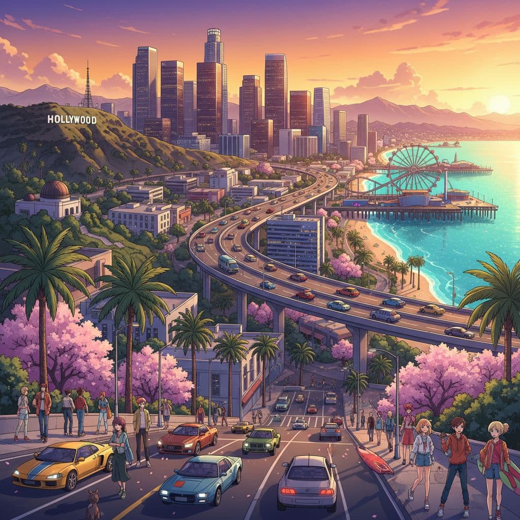 AI generated: anime style detail illustration of los angeles, california
