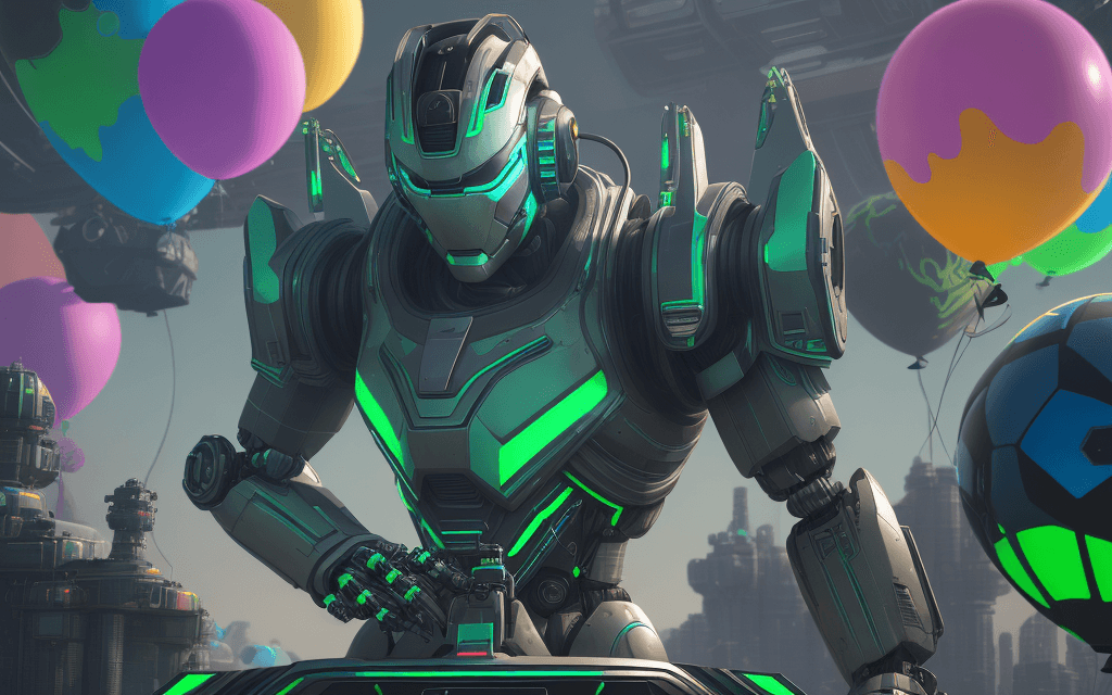 AI generated: a close up of a poster with a robot stand on top of a bunch of balloons, inspired by Mike Winkelmann...