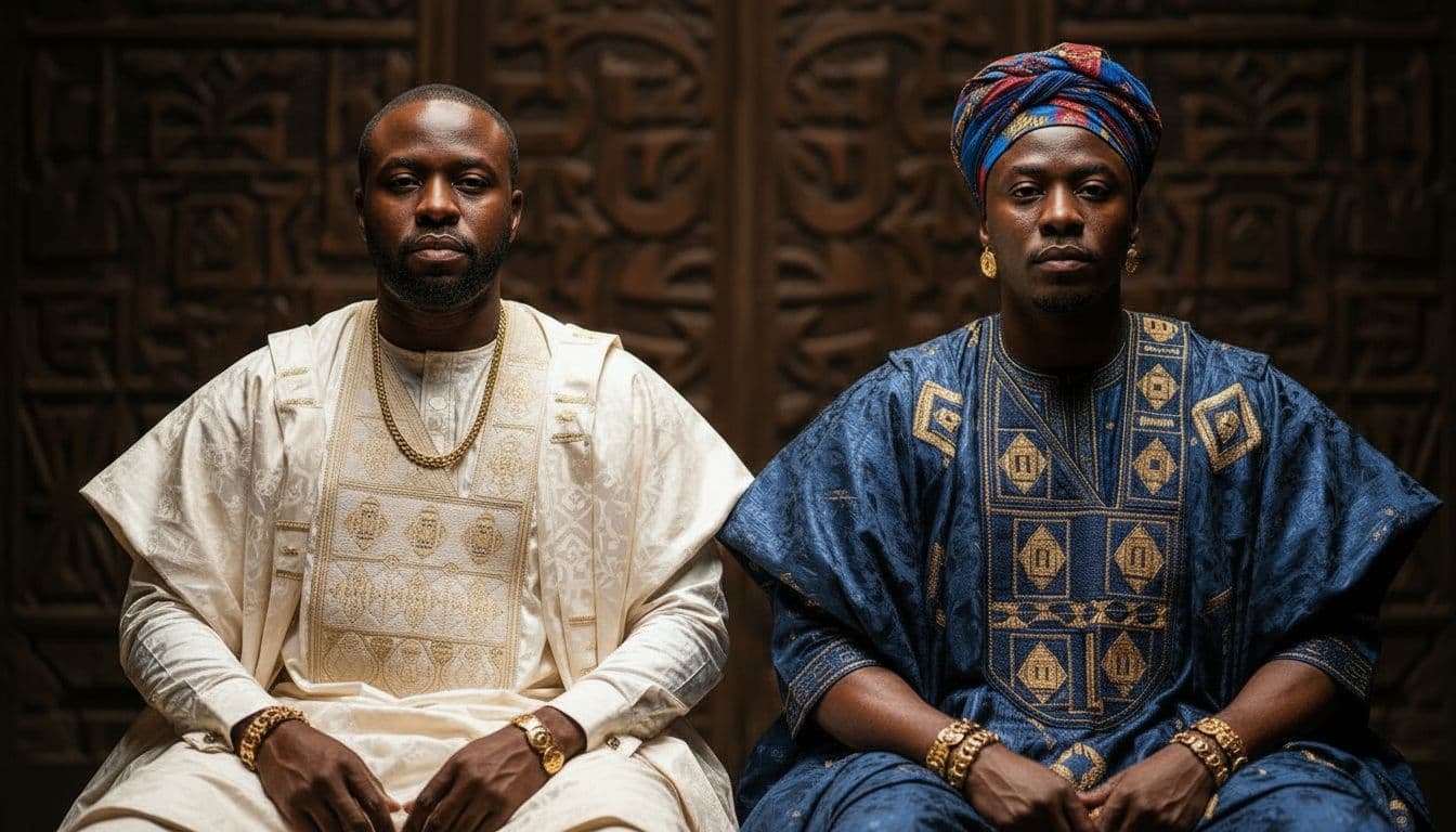 AI generated: Create an ultra-realistic cinematic portrait focusing only on the two African men seated in the fore...