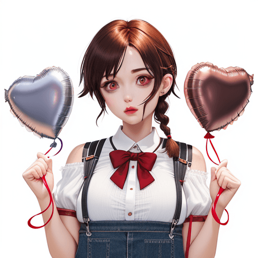 AI generated:  (twitch emote:1.4), holding red heart balloon, hugging heart balloon,  brown short hair, one braid,...