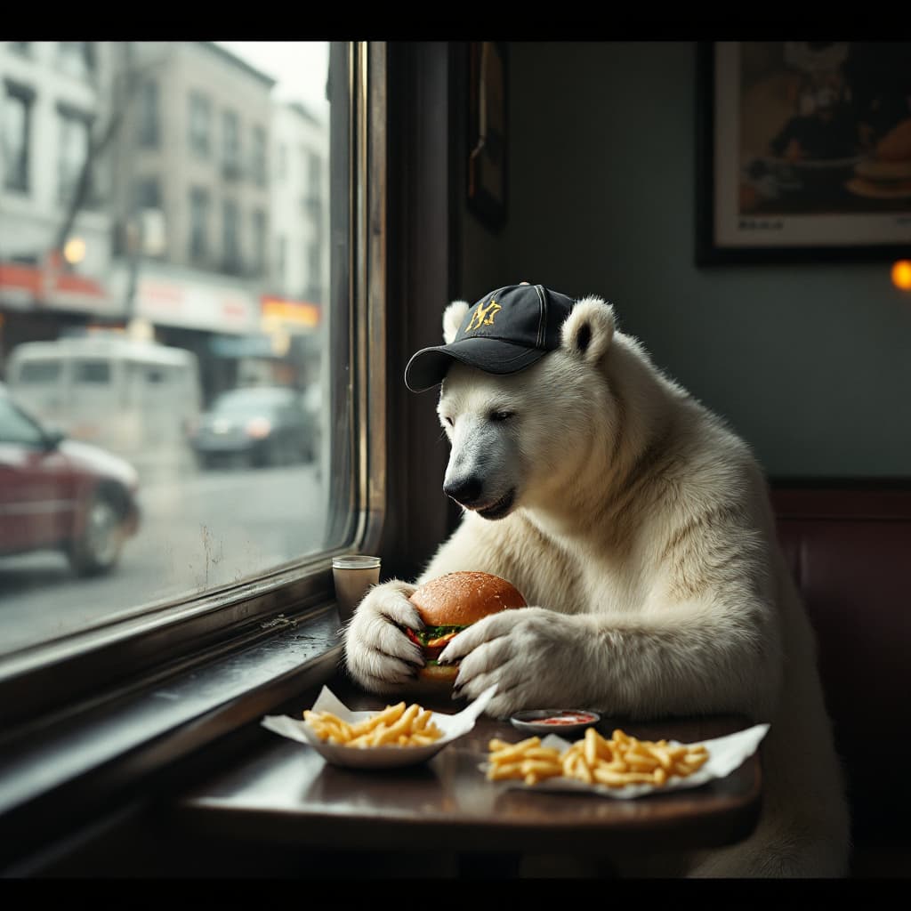 AI generated: a lonely and depressed and drunk polar bear wearing a baseball cap eating a hamburger and fries besi...