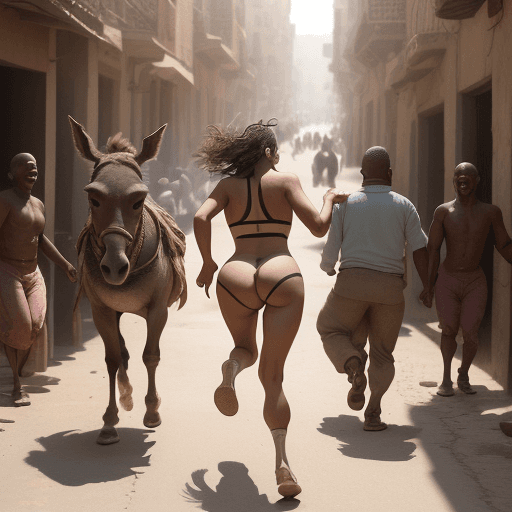 AI generated: A captivating image of a 40 year old woman in revealing underwear, running madly giving us her back ...