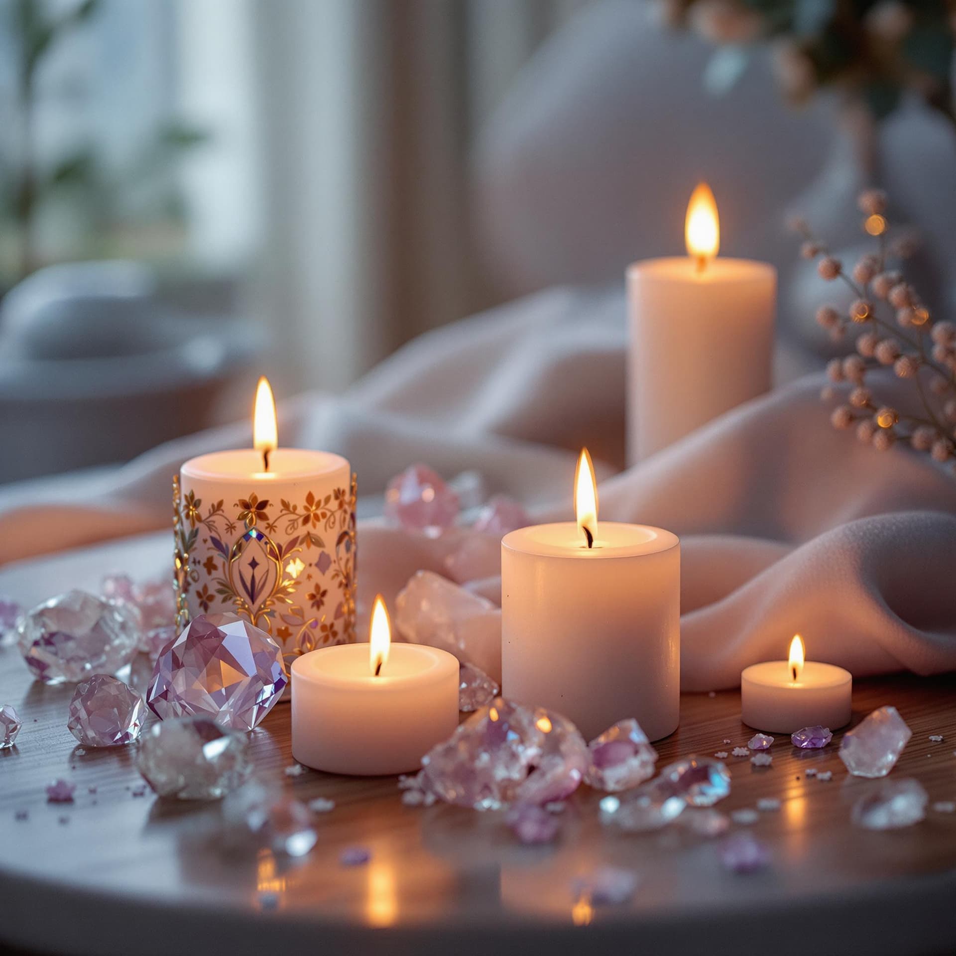 AI generated: Peaceful setting with candles or crystals dslr, ultra quality, sharp focus, tack sharp, dof, film gr...