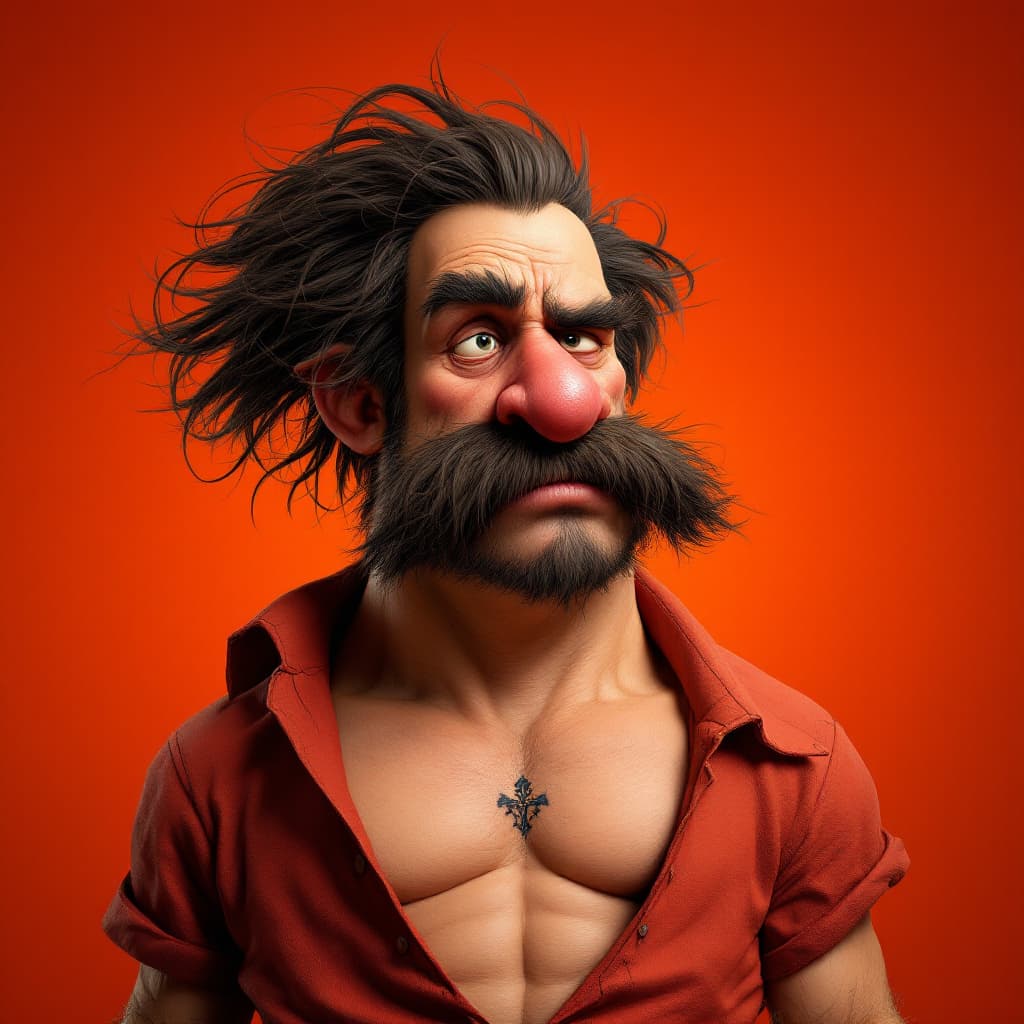 AI generated:  strong muscular man,A caricature of a man with exaggerated features is set against a vibrant orange...