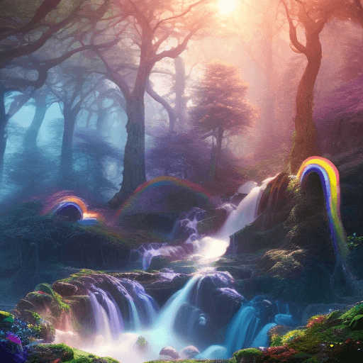 AI generated: Rainbow Waterfalls flowing up to the cliffs above in an enchanted forest on Pluto, Photorealistic, D...