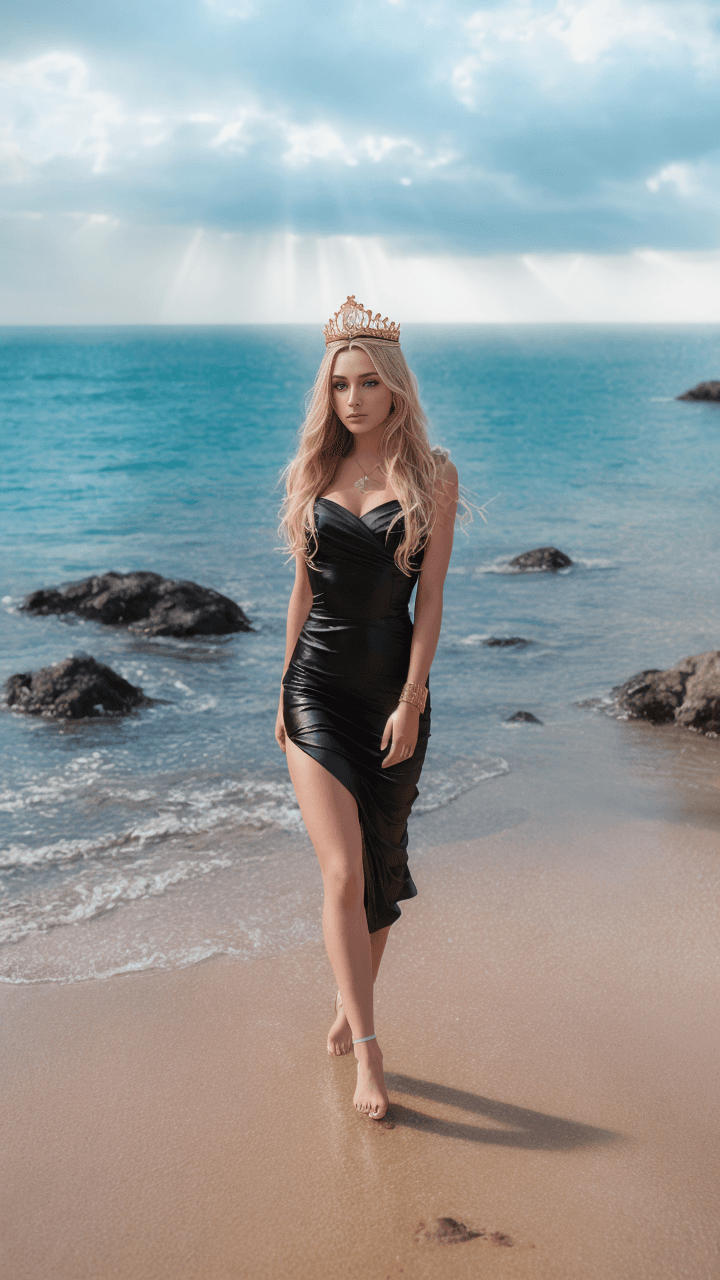 AI generated: 8k pinup, a beautiful siberia princess wearing a golden crown and a black dress walking on a beach, ...