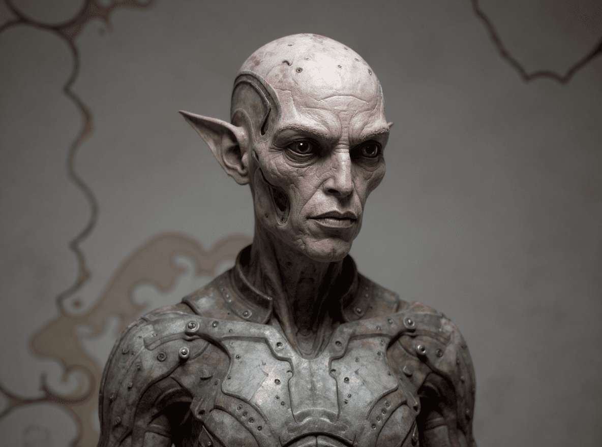 AI generated: alien cyborg, in the style of balanced symmetry, detailed facial features, meticulous portraiture, c...
