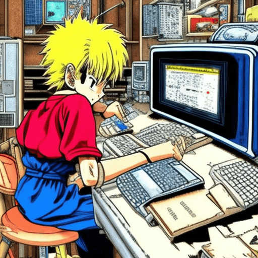 AI generated: Ragazzo che lavora al computer in stile Akira Toriyama