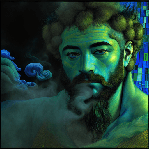AI generated: wise, zen, mitras-cult, moon-eyed, hairy, Minotaurus, looking out of the dark, blue green smoke, HDR...