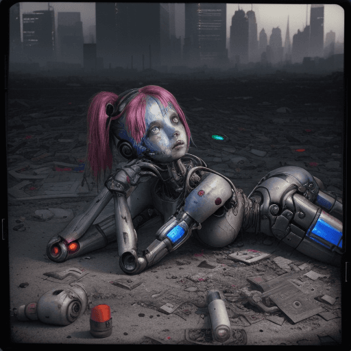 AI generated: Photo of a broken ruined cyborg girl in a landfill, robot, body is broken with scares and holes, lay...