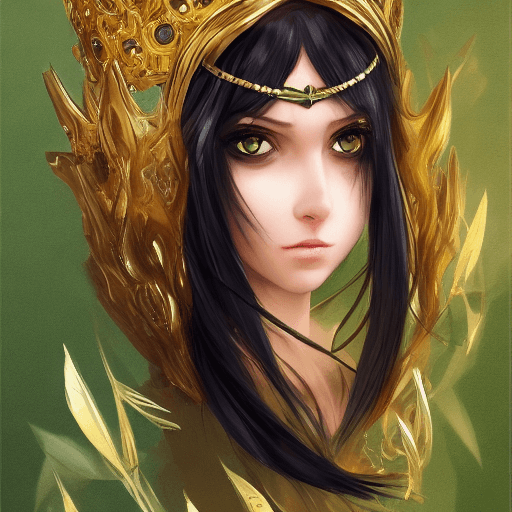 AI generated: black haired woman with green eyes, with a golden crown in the hair, art of wlop, wlop art, cgscosie...