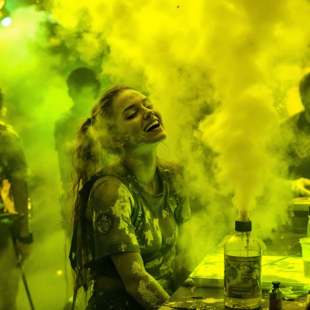 AI generated: Lemon-scented fog machine with yellow haze, UV reactive body paint stations --chaos 50
