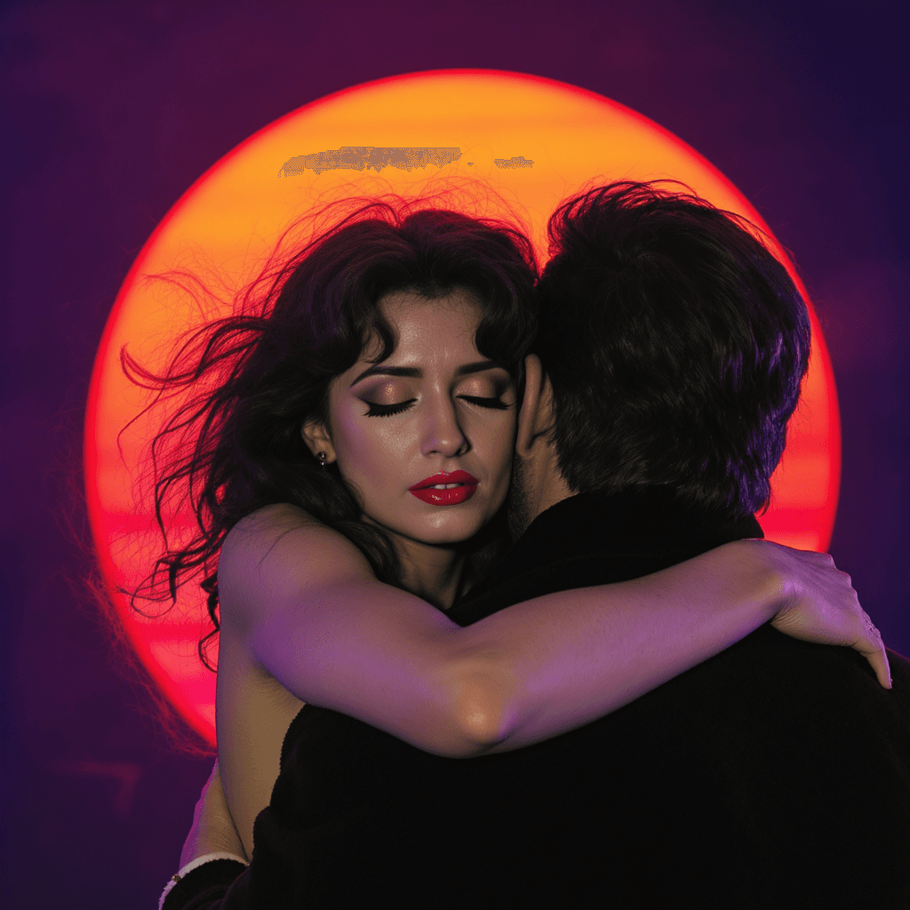 AI generated: A woman with voluminous dark hair and an emotional expression, embracing a man tightly from behind. ...