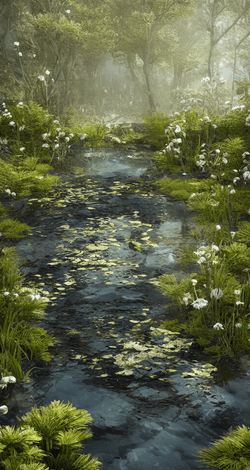 AI generated: Forest flower crystal,4 emitting glitter garden landscape with pool of clear water and „black gold m...