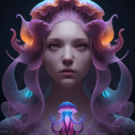 AI generated: Goddess close-up portrait ribcagel. jellyfish phoenix head, nautilus, orchid, skull, betta fish, bio...