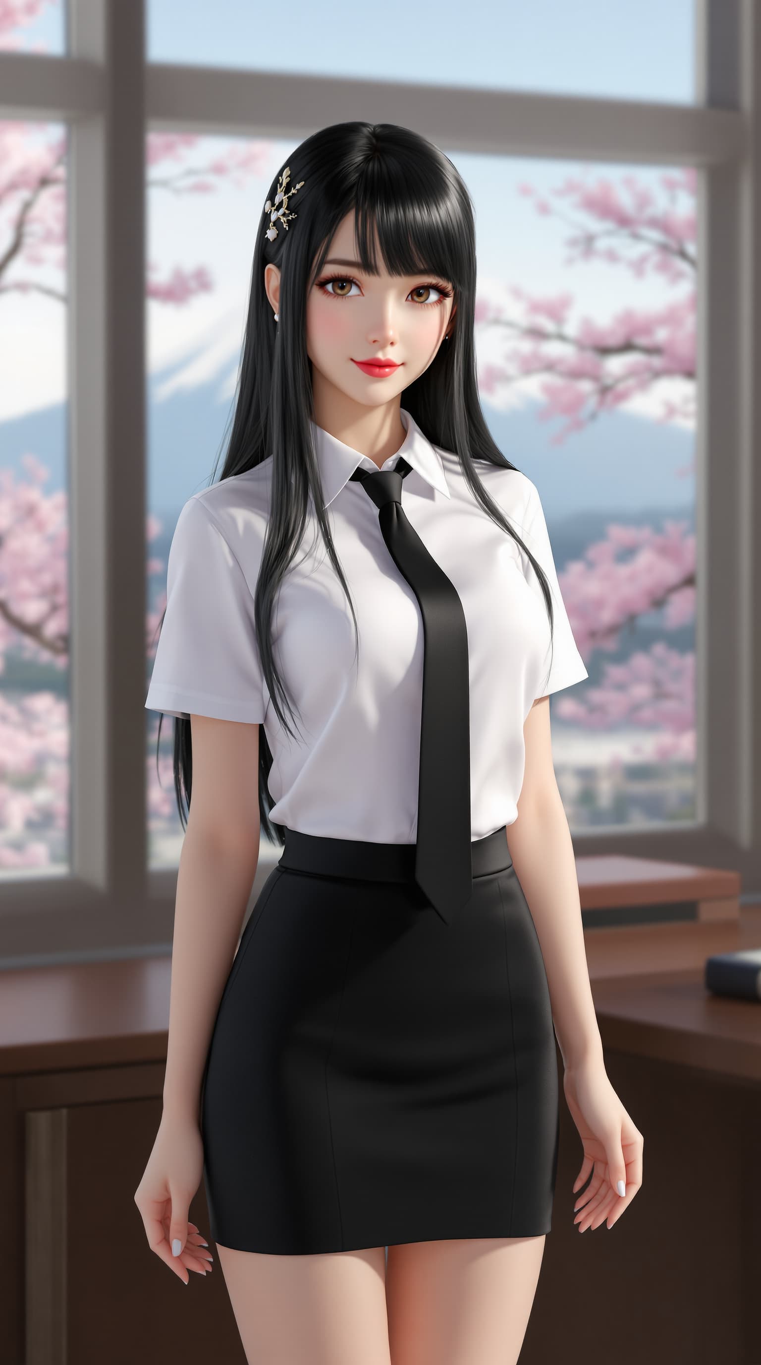 AI generated: 3D Render of a girl, mature, long black hair, hair ornament, bangs, secretary outfit, short sleeves,...