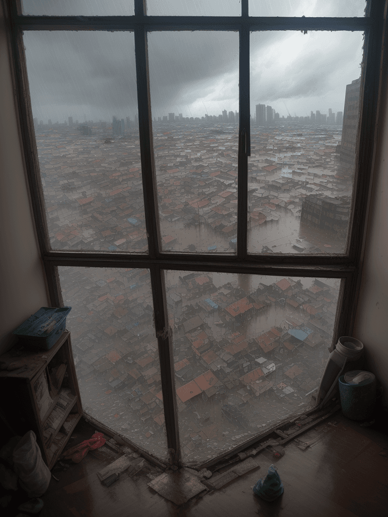 AI generated: Observe through the  window in building,  storm and flooding of a slum corner,flood,
rain,
litter,
s...