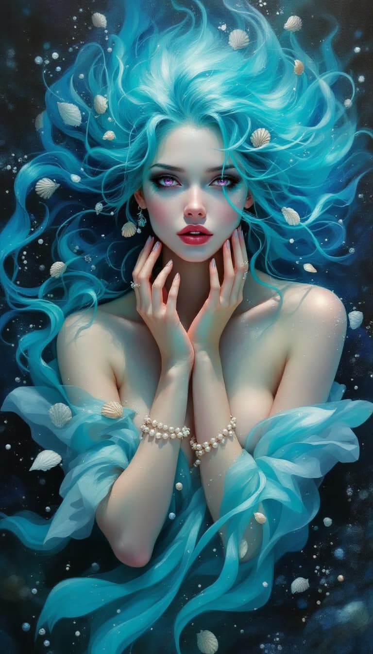AI generated: "Aquamarine Siren in a Sunken City": A mesmerizing abstract painting presents a siren, exuding both ...