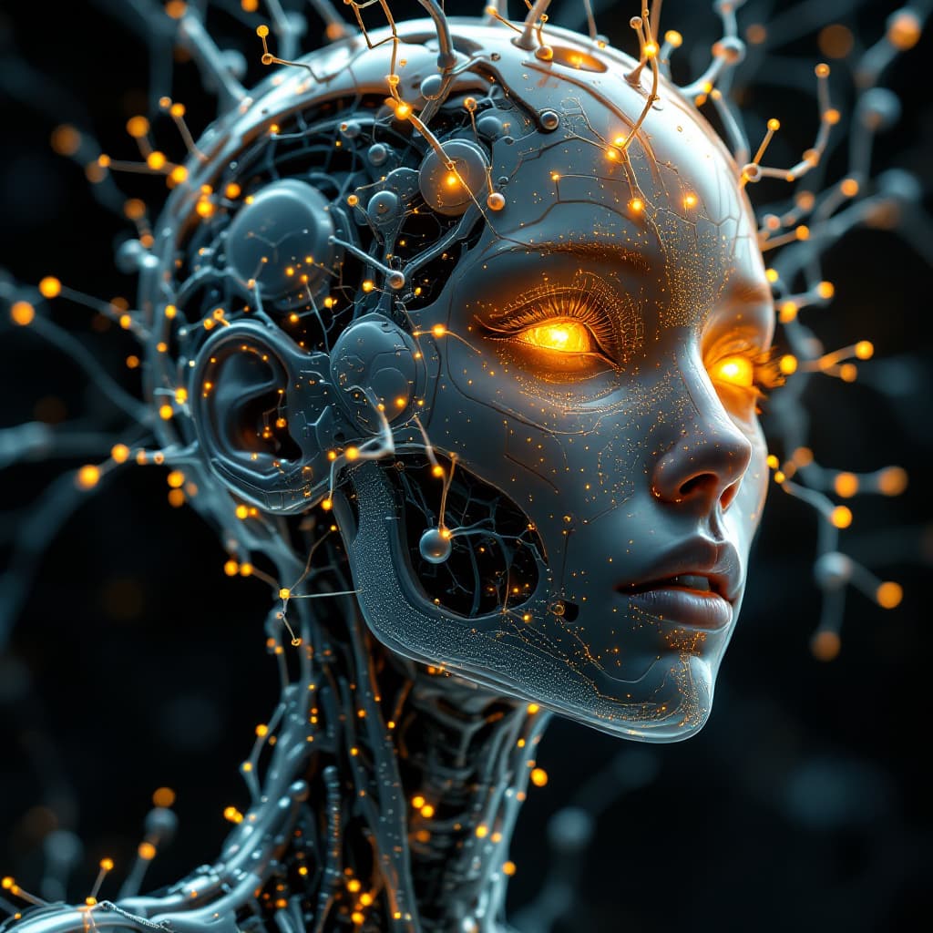 AI generated: A stunning illustration of an ethereal neural network organism, face and full body is robotic skelet...
