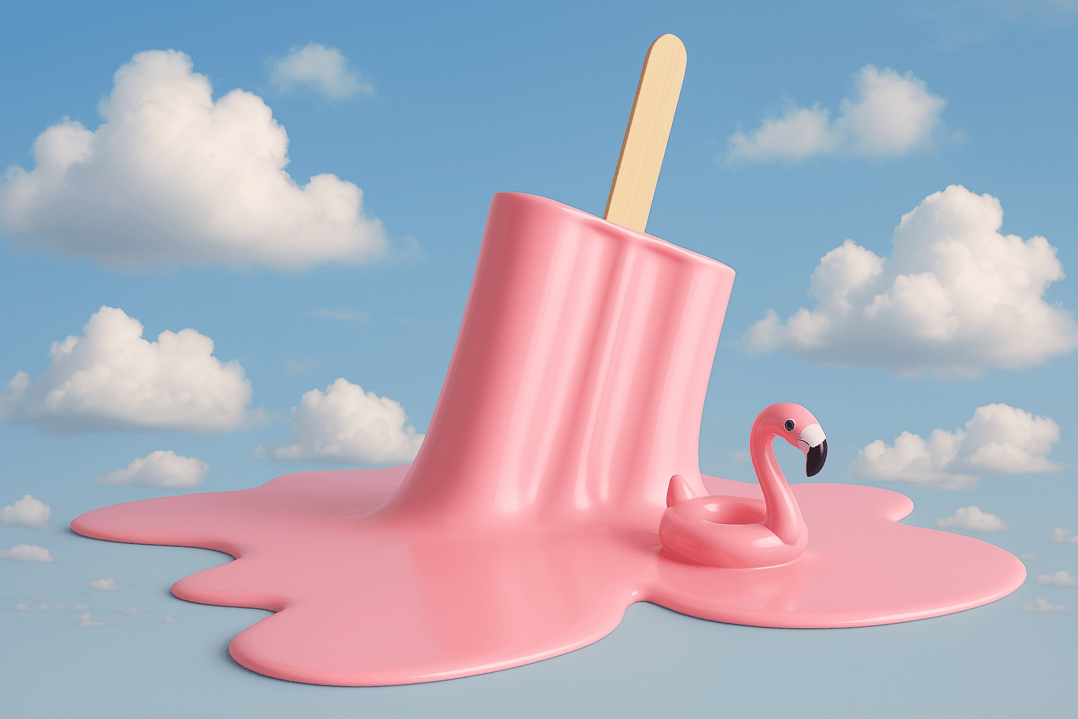 AI generated: A playful, surreal 3D illustration of a pink popsicle melting into a glossy puddle on a pastel blue ...