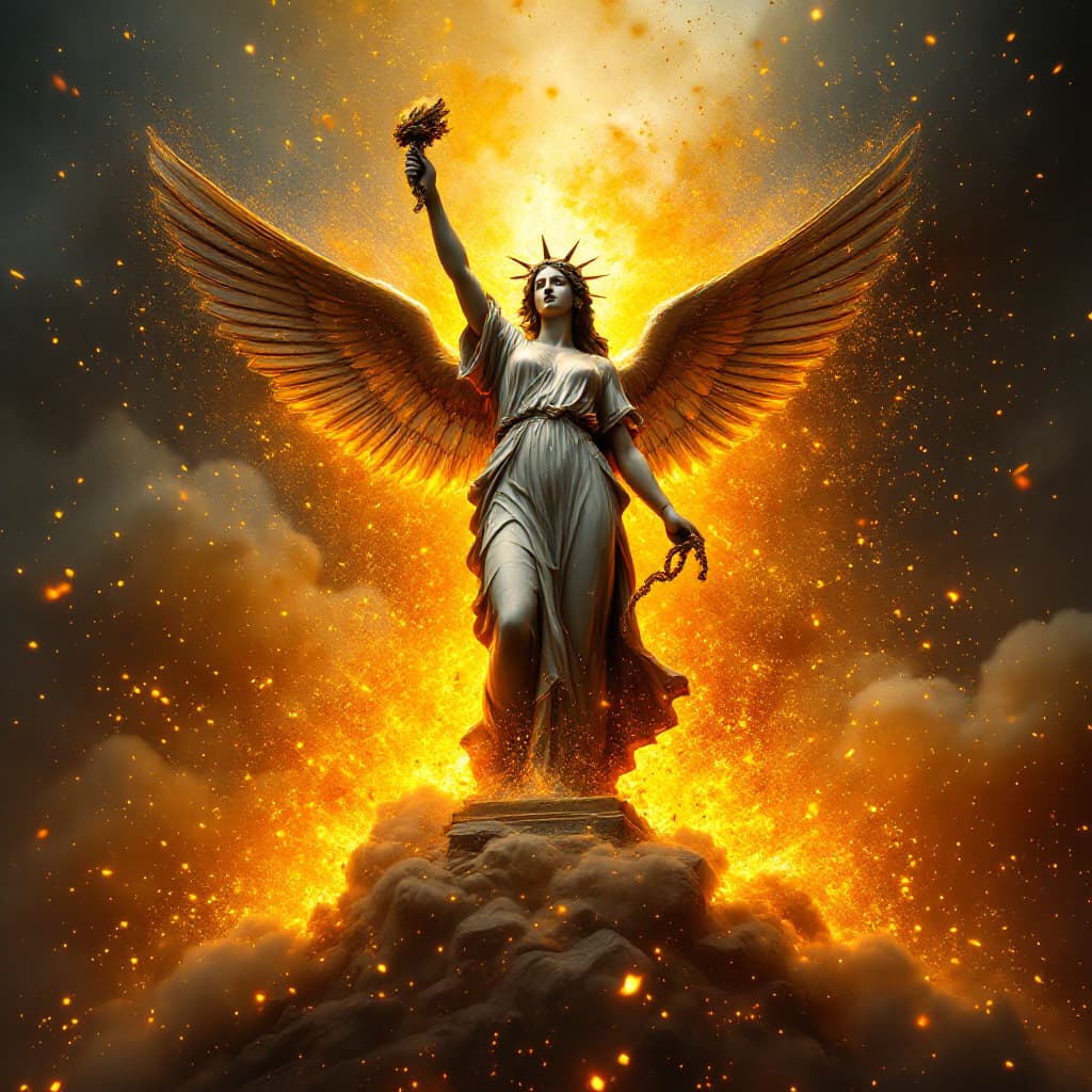 AI generated: stands amidst a vibrant explosion of orange and yellow flames. The Angel of Independence female scul...