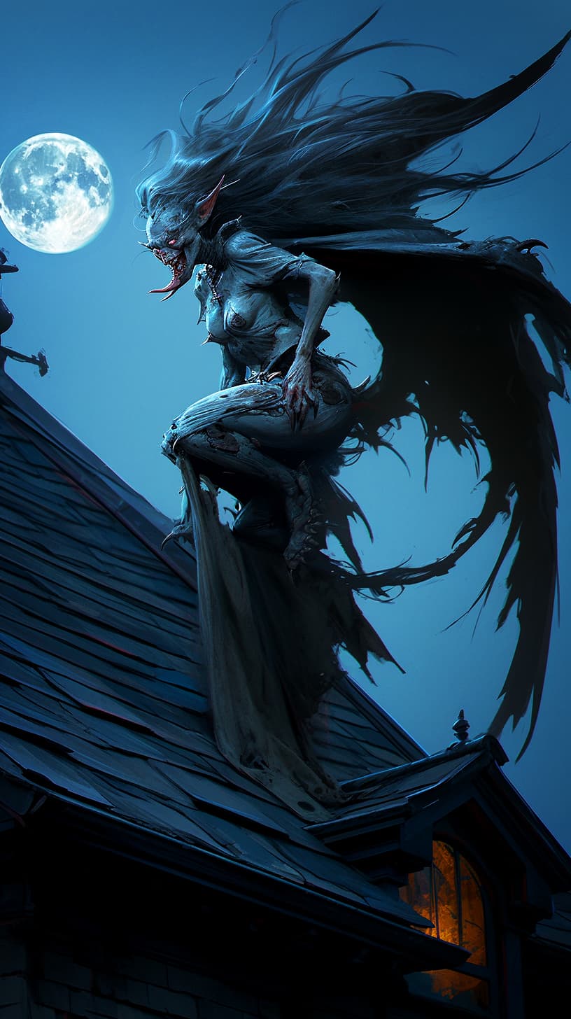 AI generated: Aswang, female scary creature with fangs, at the roof of a house, full moon in the background, dark,...