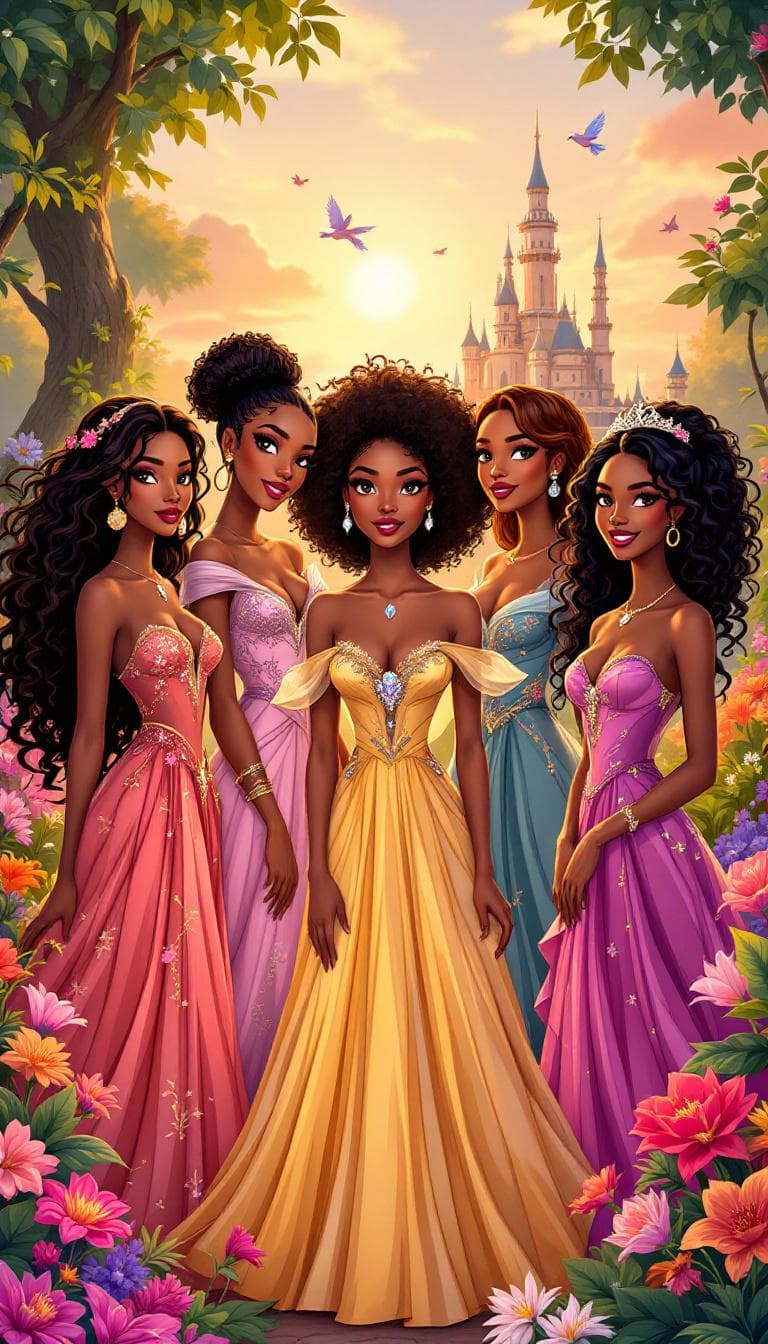 AI generated: "A group of elegant african american princesses inspired by classic fairy tales, standing together i...