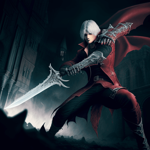 AI generated: photography of dante from devil may cry 3 fighting a demon using sword and gun, photorealistic, dyna...