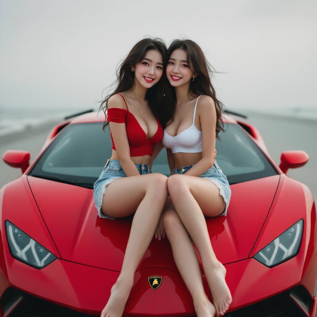 AI generated: Fulll body view  two beautiful korean women wearing a cropped top and short jeans, barefoot, big bre...