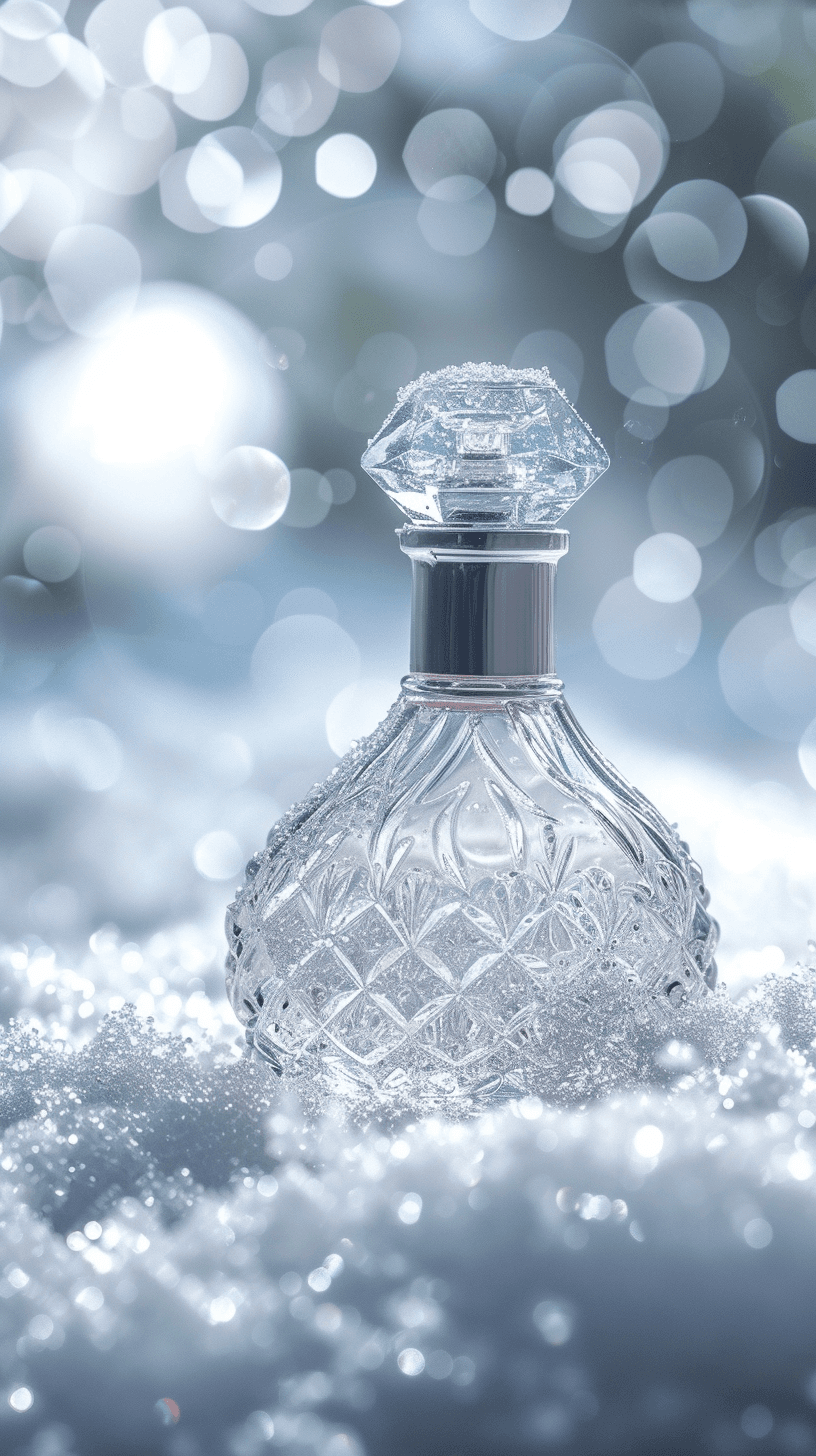 AI generated: Commercial photography,snowy,luxury perfume bottle,angelic silver light, studio light, high resoluti...