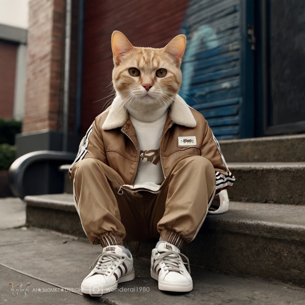 AI generated: anthropomorphic, a cat named ”street style KOL kitty” wearing dark off-white flight jacket and cream...