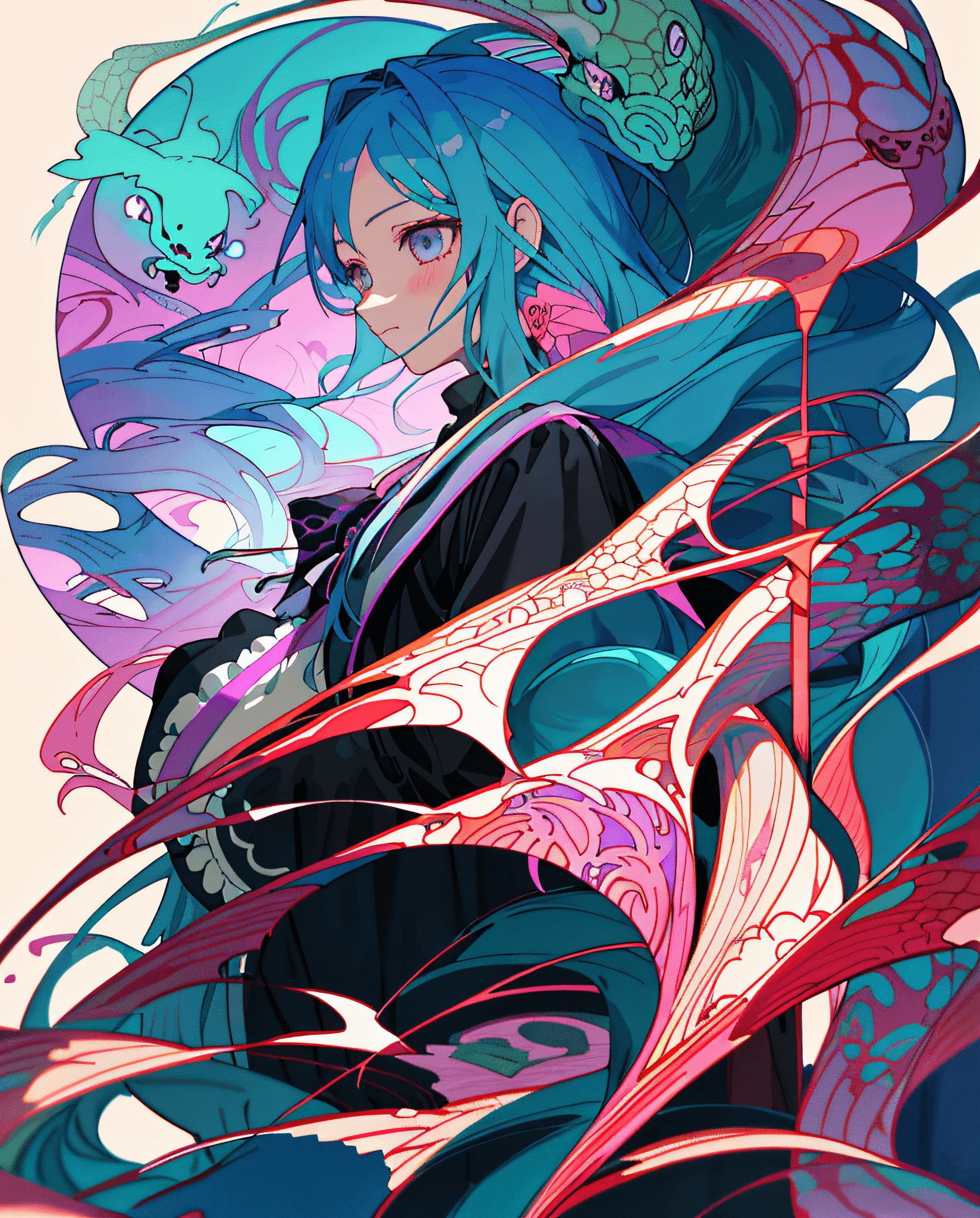 AI generated: anime girl with long hair and a snake in her hand, a beautiful artwork illustration, detailed digita...