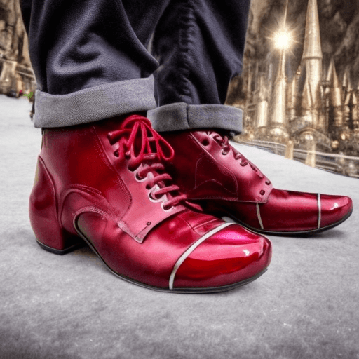 AI generated: un close-up des chaussures rouges rubis de Dorothy du Magicien d'Oz en vente, par Jacques Dupont, ga...